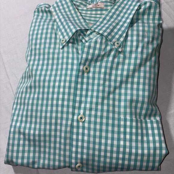 Peter Millar Teal/White Gingham Check Weekender Wash Long Sleeve Button Down L - Picture 1 of 13